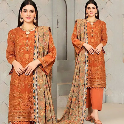Linen 3PC Embroidered With Chiffon Embroidered Dupatta-672 - QQ