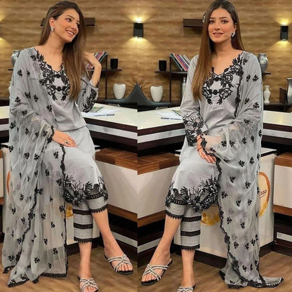 Linen 3PC Embroidered Shirt with Chiffon Embroidered Duaptta-925 - QQ