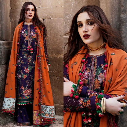 Dhanak 3PC Embroidered Shirt with Embroidered Dhanak Shawl -1304 - QQ