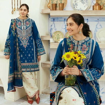 Dhanak-3PC Embroidered Shirt With Digital Printed Wool Shawl-668 - QQ