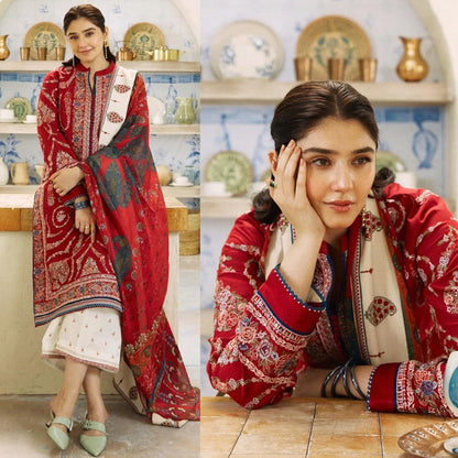 Dhanak 3PC Embroidered Shirt With Digital printed wool shawl-659 - QQ