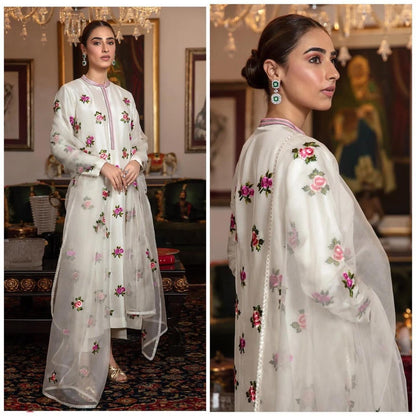Silk 3PC Embroidered With Organza Embroidered Dupatta-1317 - QQ