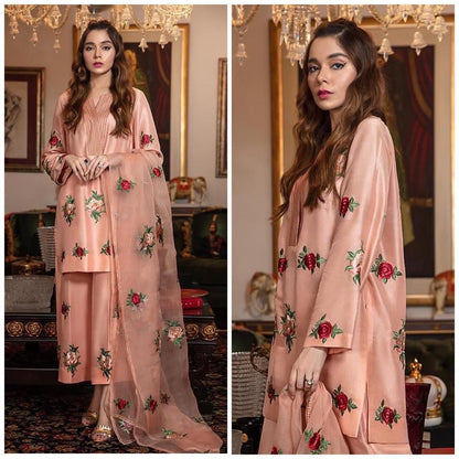 Silk 3PC Embroidered With Organza Embroidered Dupatta-1314 - QQ