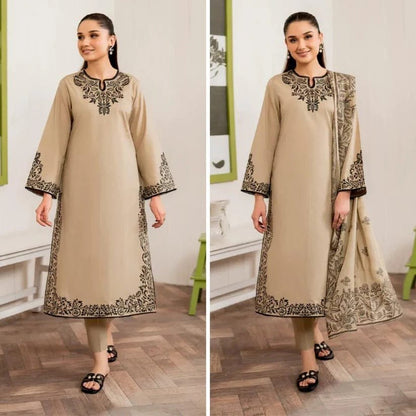 GRANEUT 3PC Dhanak Embroidered Shirt With Printed Dupatta-680 - QQ