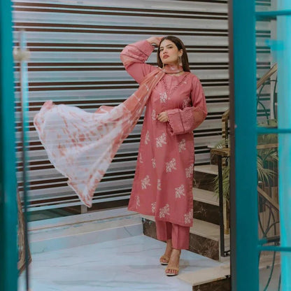 Dhanak-3PC Embroidered Shirt with Digital Printed Wool Shawl - 3330 - QQ