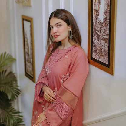 Dhanak-3PC Embroidered Shirt with Digital Printed Wool Shawl - 3330 - QQ