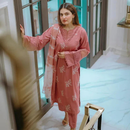 Dhanak-3PC Embroidered Shirt with Digital Printed Wool Shawl - 3330 - QQ