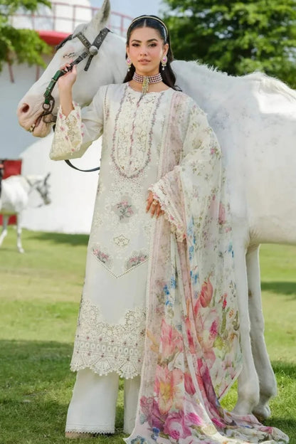 Lawn-3PC Chikankari Embroidered With Digital Printed Jacquard Dupatta-5202 - QQ