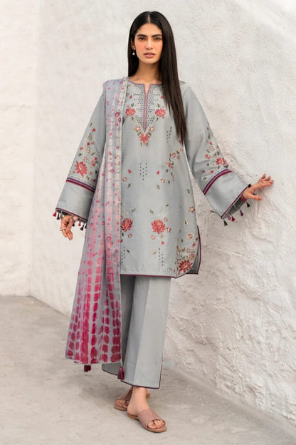 Lawn-3PC Chikankari Embroidered With Digital Printed Jacquard Dupatta-5192 - QQ