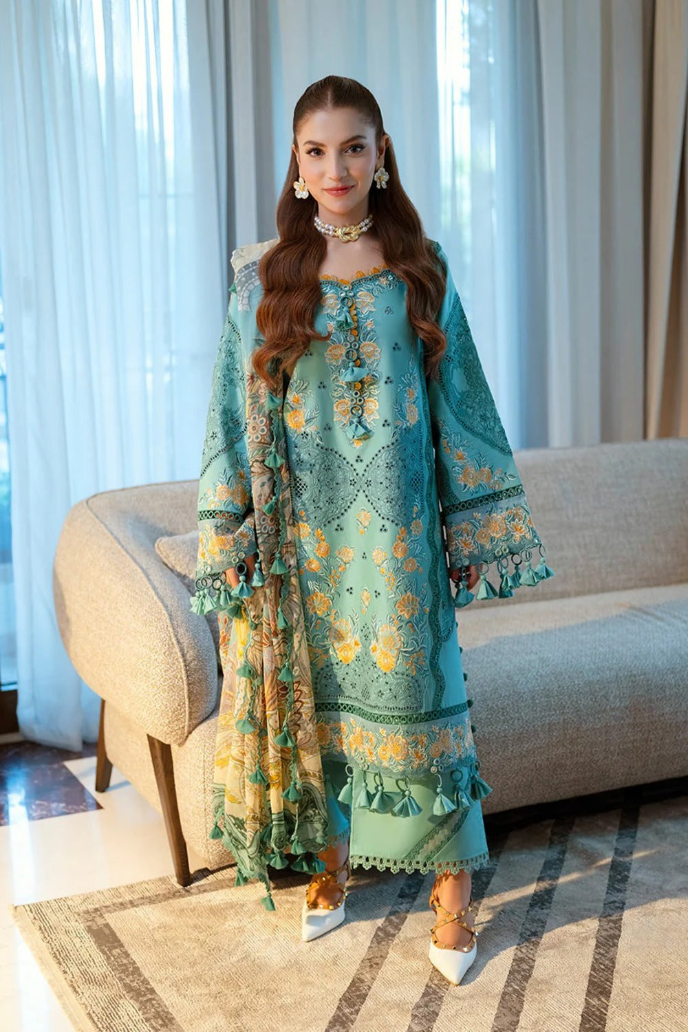 Lawn-3PC Chikankari Embroidered With Digital Printed Jacquard Dupatta-5282