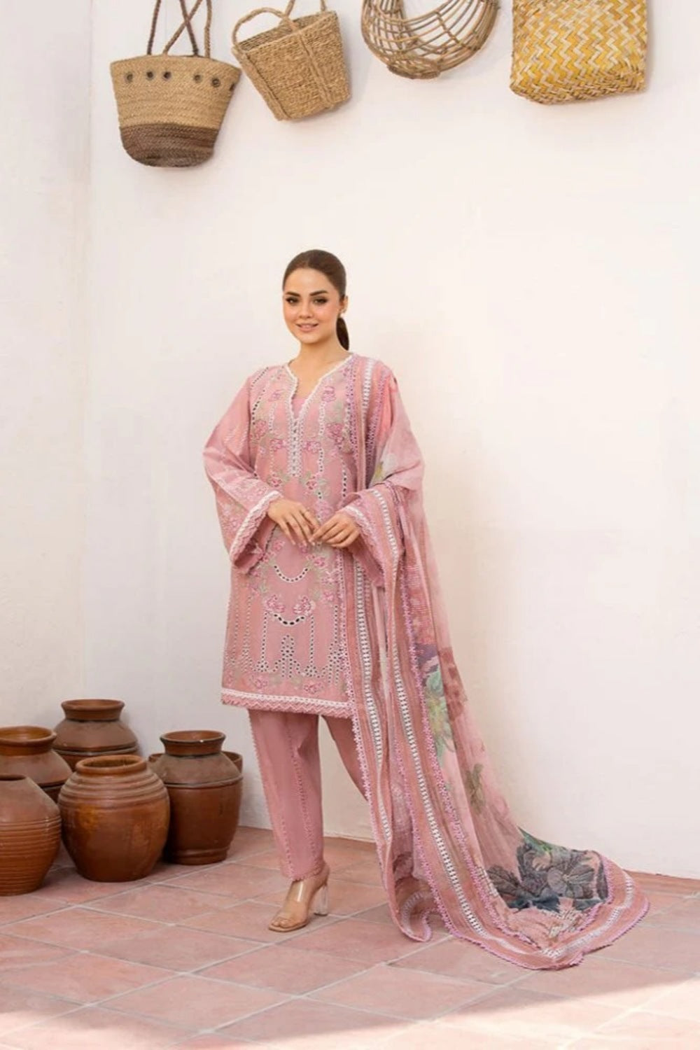 Lawn-3PC Chikankari Embroidered With Digital Printed Jacquard Dupatta-5159