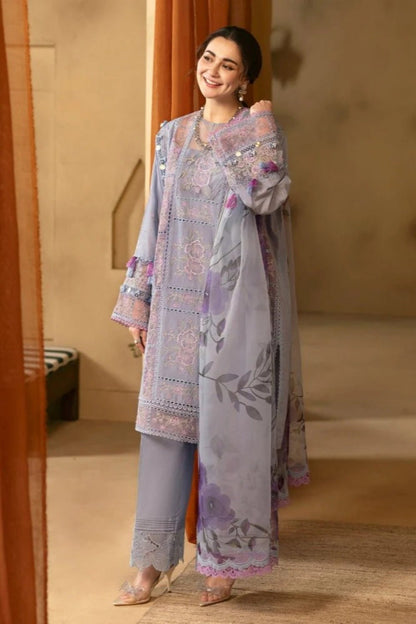 Lawn-3PC Chikakari Embroidered Shirt With Organza Printed Dupatta-5172 - QQ
