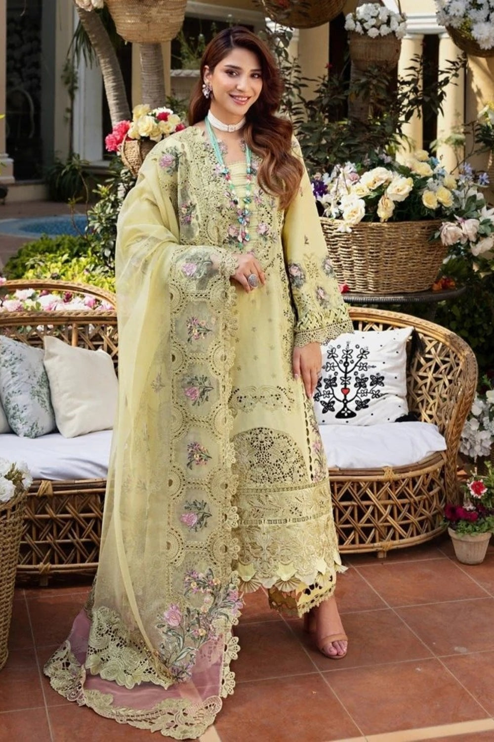Lawn-3PC Chikankari Embroidered Shirt With Khadi Net Embroidered Dupatta-5302