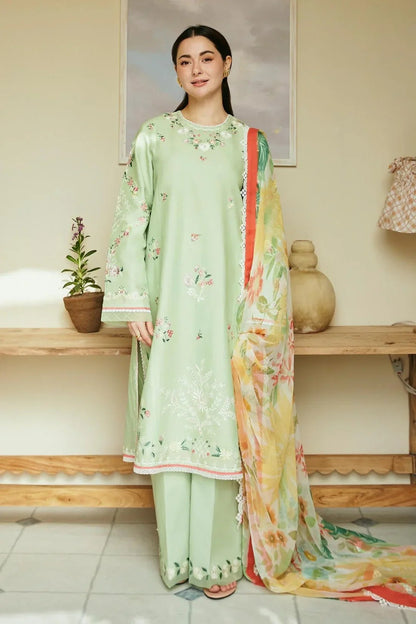 Dhanak-3PC Embroidered Shirt with Digital Printed Wool Shawl - 3238 - QQ