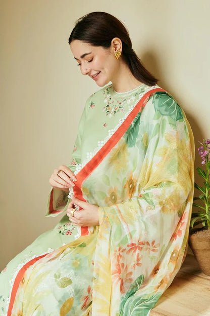 Dhanak-3PC Embroidered Shirt with Digital Printed Wool Shawl - 3238 - QQ