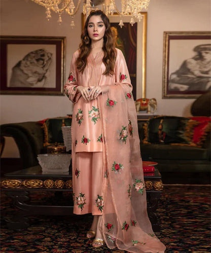 Silk 3PC Embroidered With Organza Embroidered Dupatta-1314 - QQ