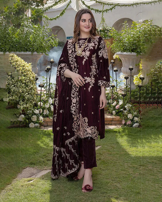 Velvet-3pc Embroidered with Organza Embroidered Dupatta-955