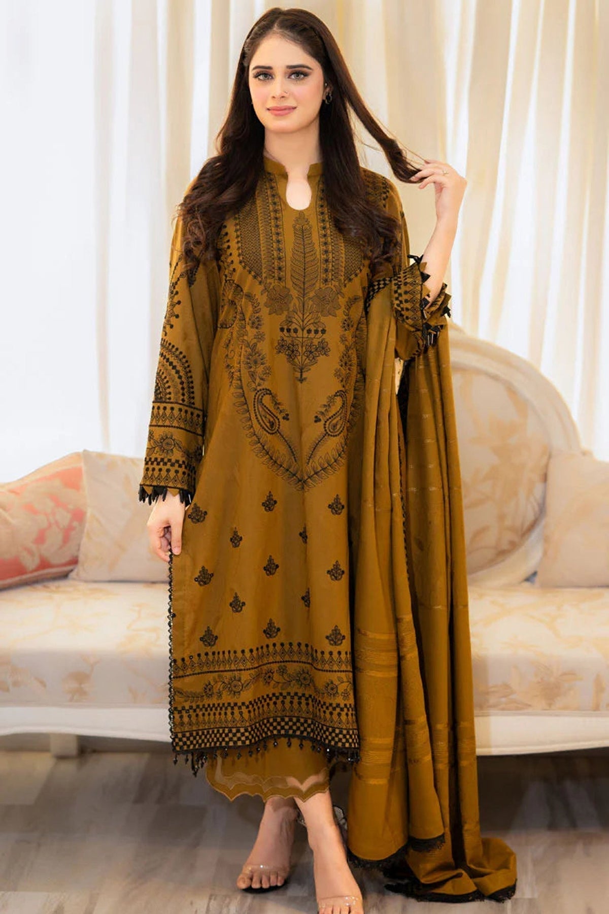 Dhanak-3PC Embroidered Shirt with Dhanak Embroidered Dupatta -3398