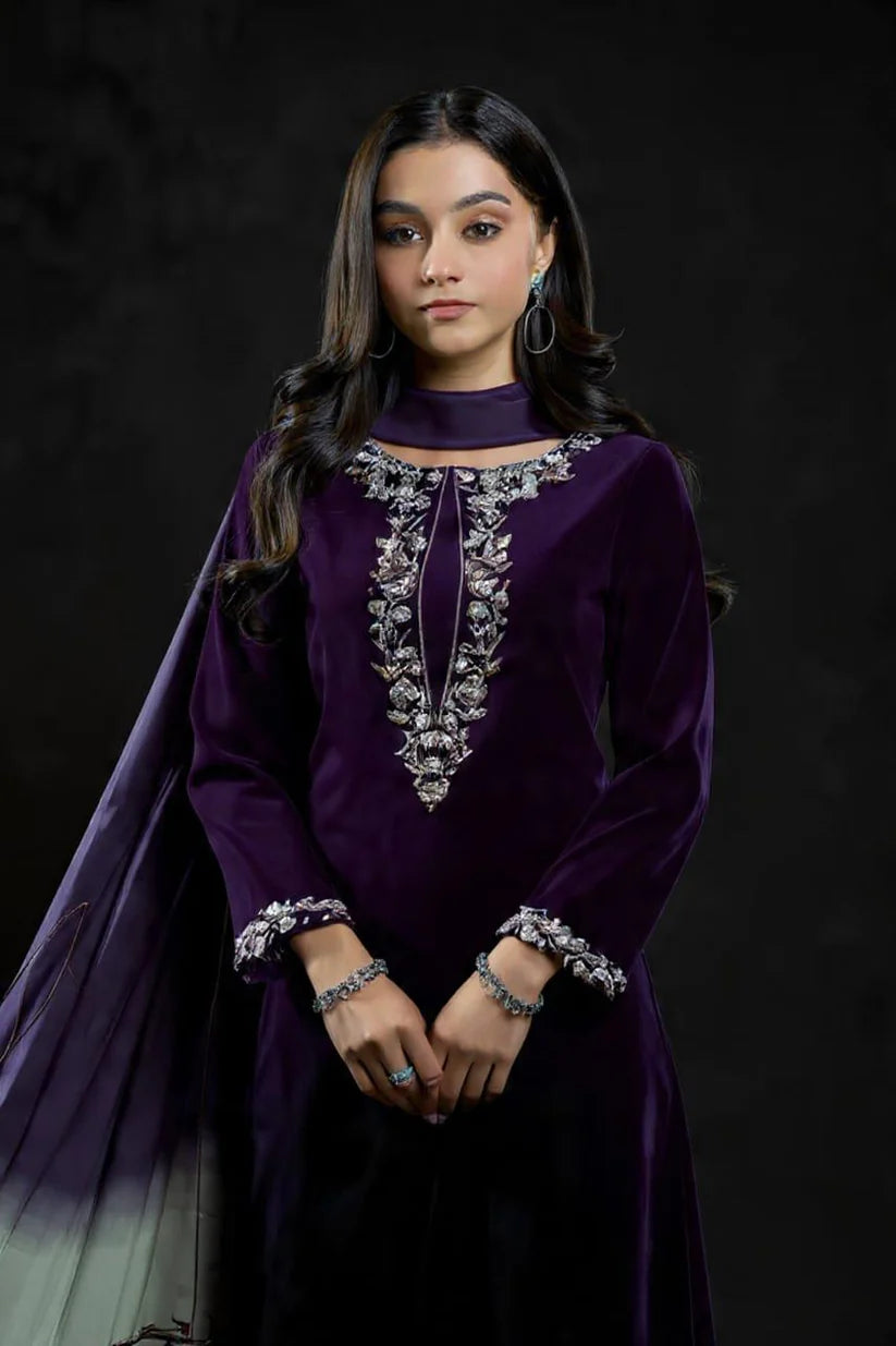 7003 Embroidered Velvet Dress With Karandi Shawl