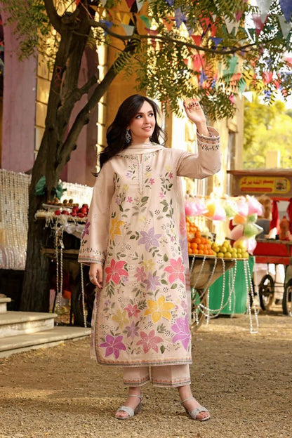 Lawn-3PC Chikankari Embroidered Shirt With Digital Printed Jacquard Dupatta-5245 - QQ