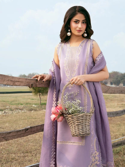 Lawn-3PC Chikankari Embroidered Shirt With Khadi Net Embroidered Dupatta-5285 - QQ