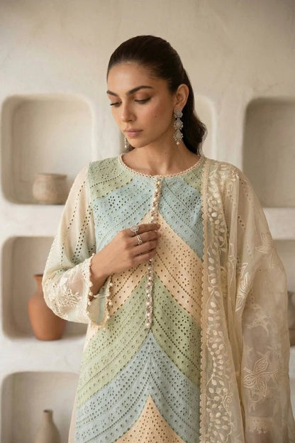 Lawn-3PC Chikankari Embroidered Shirt With Silk Printed Dupatta-5272 - QQ