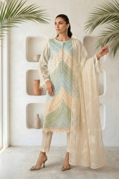 Lawn-3PC Chikankari Embroidered Shirt With Silk Printed Dupatta-5272 - QQ