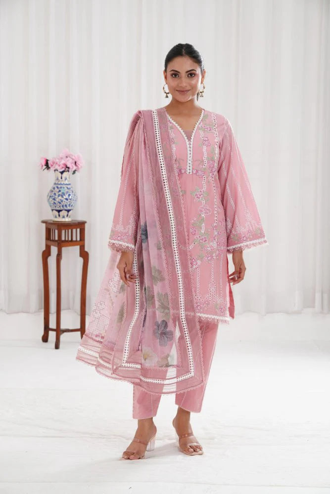 Lawn-3PC Chikankari Embroidered With Digital Printed Jacquard Dupatta-5159