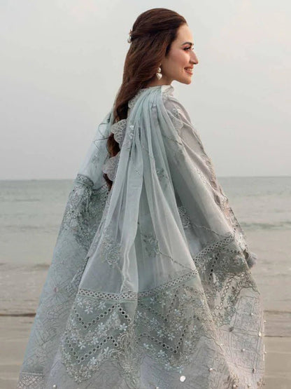 Lawn-3PC Laser Cut Embroidered Shirt With Khadi Net Embroidered Dupatta-5401 - QQ