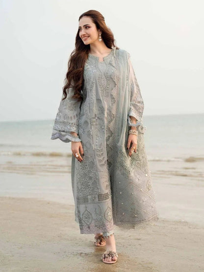 Lawn-3PC Laser Cut Embroidered Shirt With Khadi Net Embroidered Dupatta-5401 - QQ