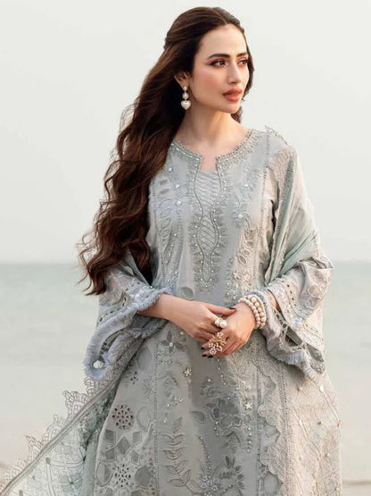Lawn-3PC Laser Cut Embroidered Shirt With Khadi Net Embroidered Dupatta-5401 - QQ