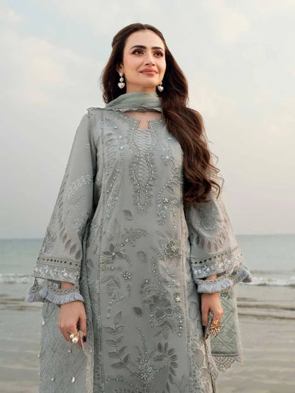 Lawn-3PC Laser Cut Embroidered Shirt With Khadi Net Embroidered Dupatta-5401 - QQ