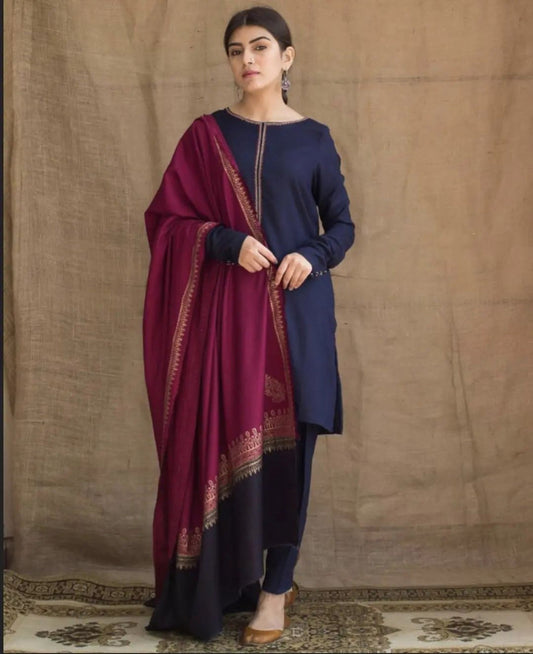Assling 3 Piece Dhanak Shirt with Printed Wool Shawl AG-1115