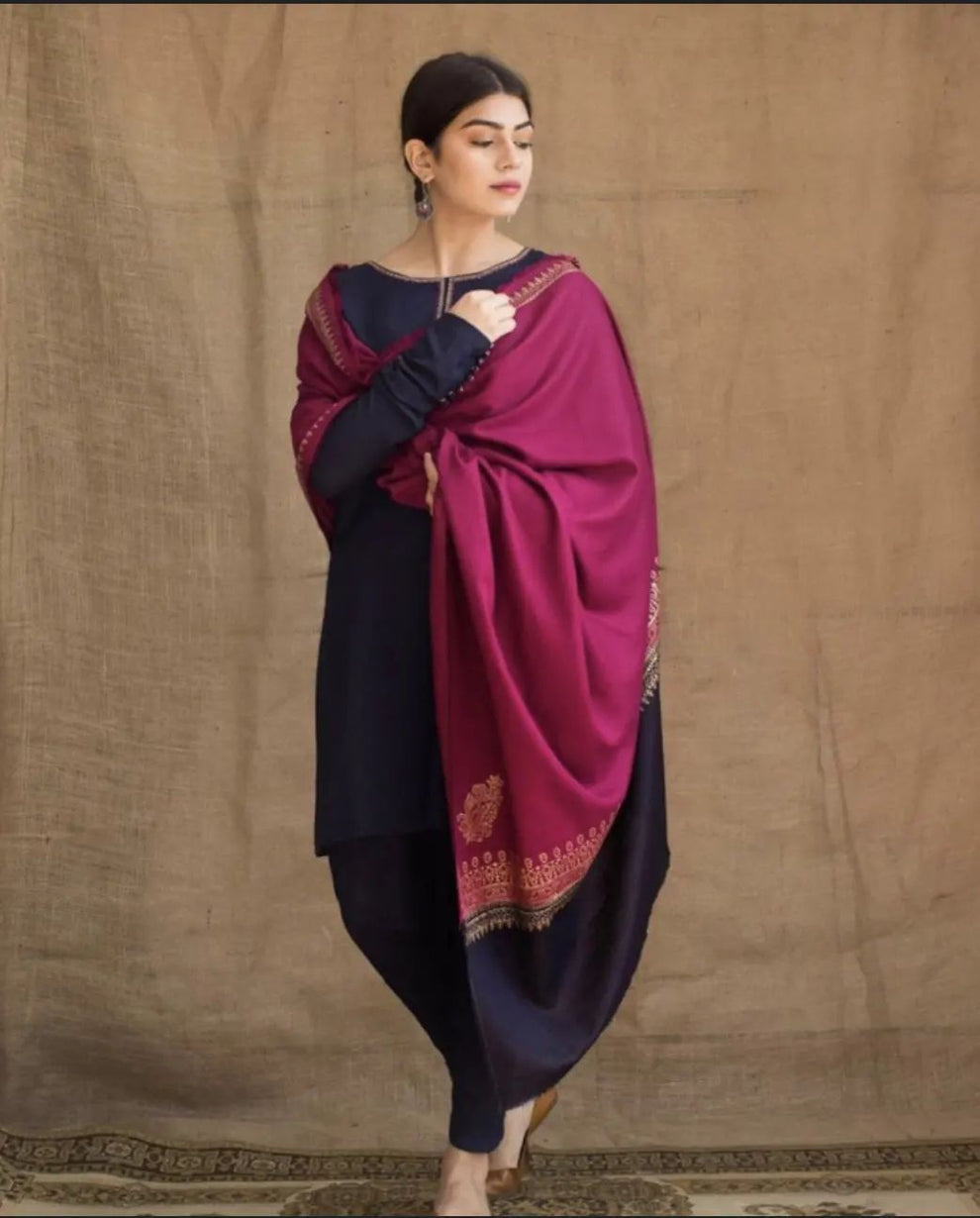 Assling 3 Piece Dhanak Shirt with Printed Wool Shawl AG-1115