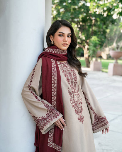 Dhanak-3PC Embroidered Shirt with Digital Printed Wool Shawl - 3576 - QQ
