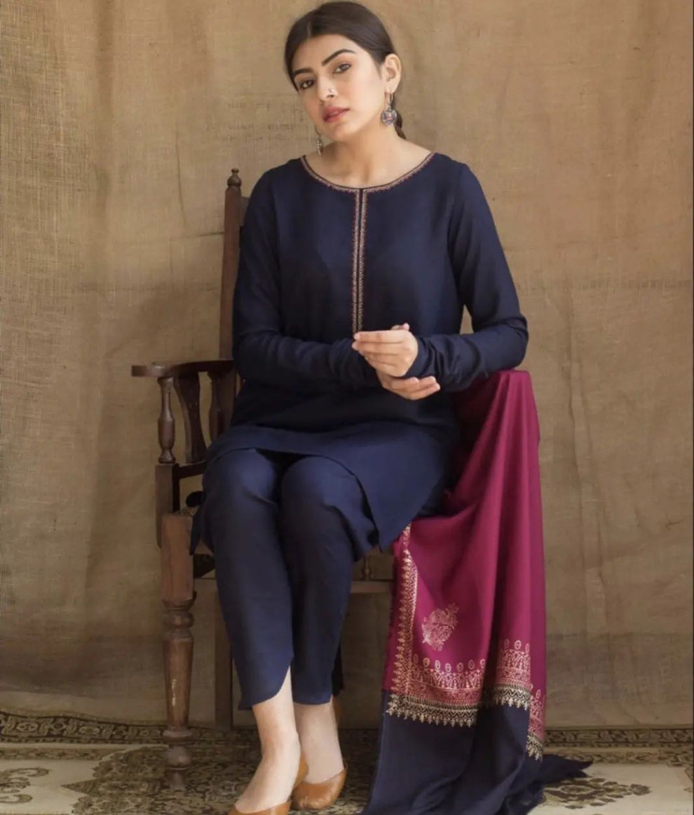 Assling 3 Piece Dhanak Shirt with Printed Wool Shawl AG-1115