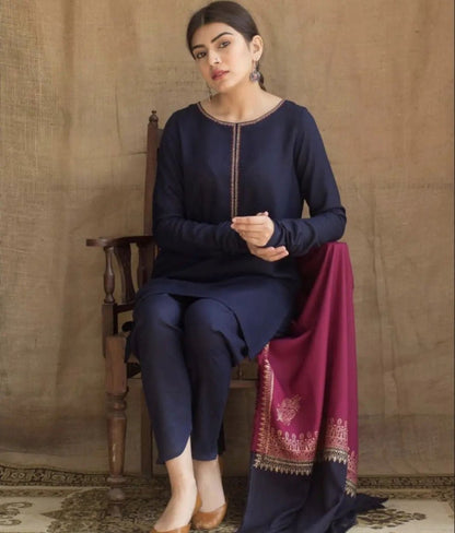 Assling 3 Piece Dhanak Shirt with Printed Wool Shawl AG-1115 - QQ