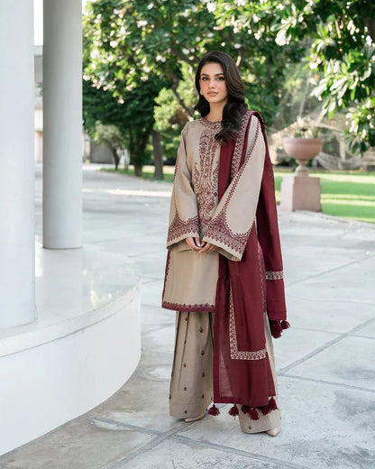 Dhanak-3PC Embroidered Shirt with Digital Printed Wool Shawl - 3576 - QQ