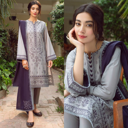 Linen 3PC Embroidered Shirt with Chiffon Embroidered Dupatta -578 - QQ