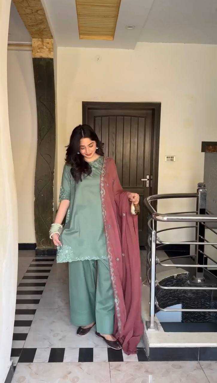 Dhanak-3PC Embroidered Shirt with Chiffon Embroidered Dupatta-3452 - QQ